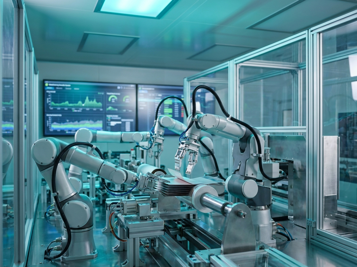 Automated lithium battery cell production line with robotic arms